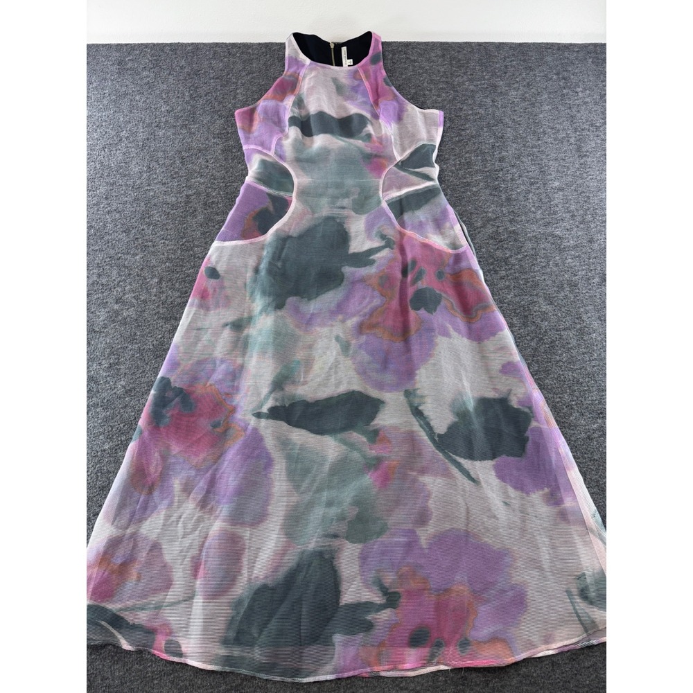 Rachel Roy Floral Maxi Dress Purple Green Watercolor Halter Mesh Gown 6